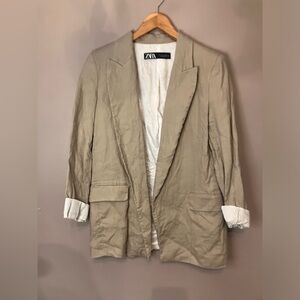 Zara Tan Beige Linen Blazer with striped sleeves womens small